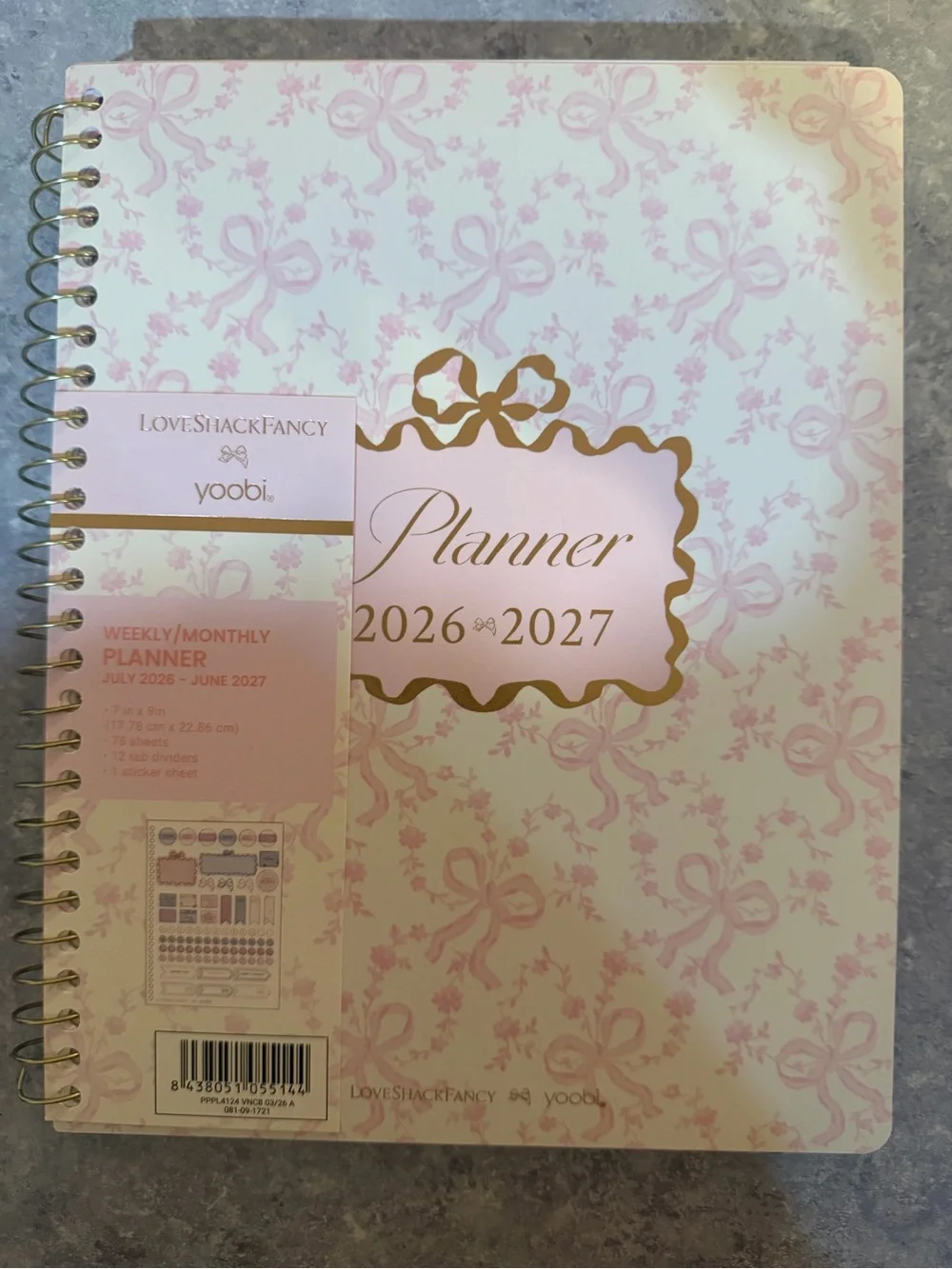 Yoobi Pink LoveShackFancy Floral and Bow Planner with Gold Foil Accents